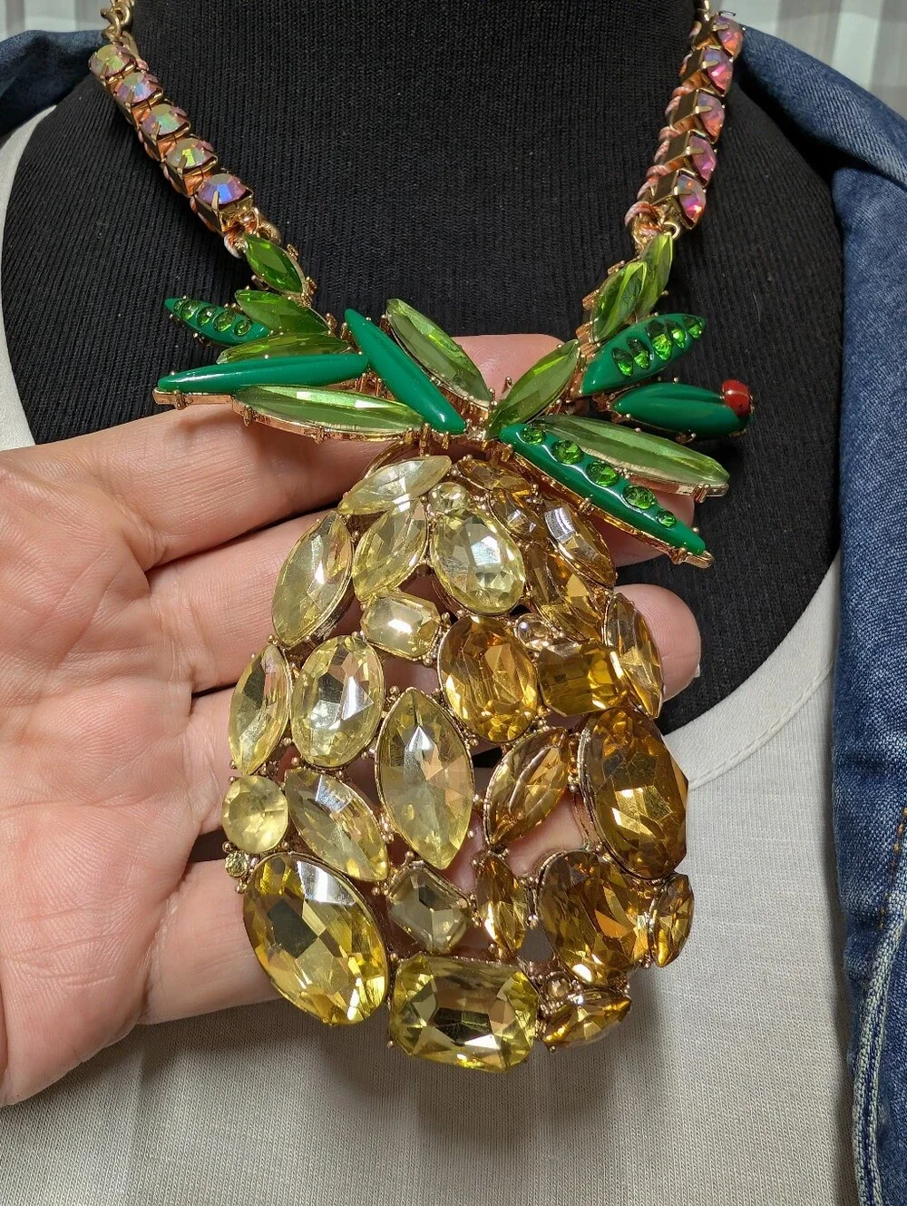 Betsy Johnson Rhinestone Pineapple Pendant Necklace Statement Jewelry